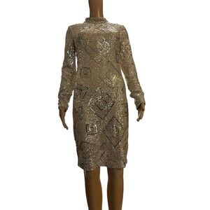Eliza J Champagne Silver Sequin Cocktail Dress Long Sleeve Size 6 Bodycon